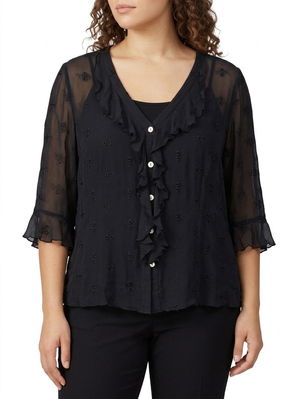 Tess 100% Silk Black Embroidered Ruffle V-Neck Chiffon Blouse Women Size 14